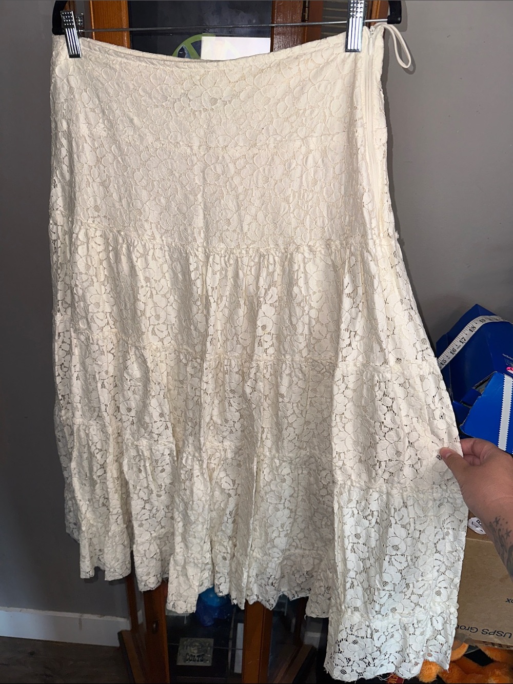 Cream Lace Maxi Skirt with Tiered Panels